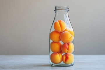 Poster - A glass bottle filled with fresh apricots on a wooden table