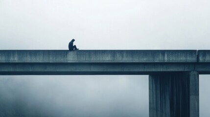 Aufkleber - Lone figure sits on the edge of a foggy bridge, contemplating solitude in a mysterious setting. Generative AI