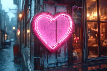 Poster - A bright pink neon heart hangs from a window, perfect for romantic gestures and decorations