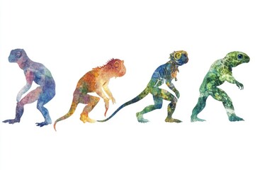 Poster - Watercolor illustration showing the progression of human development from early stages to modern times