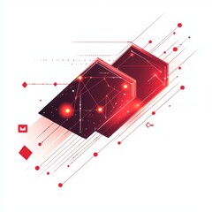 Poster - Abstract illustration of two overlapping black rectangles with digital elements in reds and whites, conveying tech and innovation.