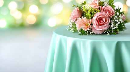 Poster - A floral arrangement of pink roses and daisies on a mint-green tablecloth, set against a blurred, sparkling background.