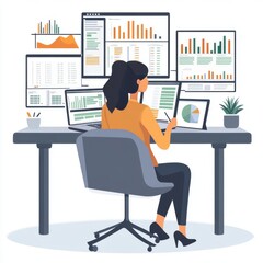 Poster - a young hispanic woman focuses on data analysis in a modern office, surrounded by multiple screens d
