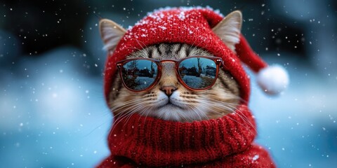 Aufkleber - A cat wearing sunglasses and a red hat, suitable for use as an illustration or graphic element
