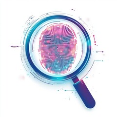 Poster - A stylized magnifying glass highlighting a colorful fingerprint, symbolizing security and technology.