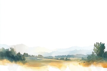 Poster - A serene watercolor landscape featuring a field with trees and mountains in the background