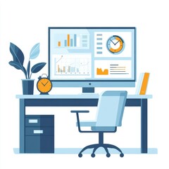 Poster - A modern office workspace featuring a large screen, clock, and a potted plant, creating a productive atmosphere.