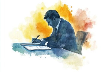 Poster - A person writing on a piece of paper at a wooden table