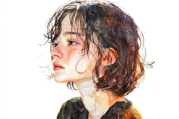 Poster - Watercolor portrait of a woman's face with soft colors and delicate features