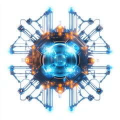 Poster - Futuristic glowing technology design with intricate details and vibrant blue and orange lights.