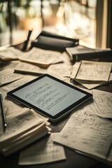 Poster - tablet and stylus placed neatly on desk surrounded by scattered notes under diffused natural light
