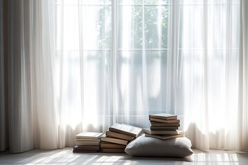 Aufkleber - tranquil window seat with pile of books and soft sunlight streaming in through sheer curtains