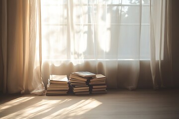 Aufkleber - tranquil window seat with pile of books and soft sunlight streaming in through sheer curtains