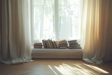 Aufkleber - tranquil window seat with pile of books and soft sunlight streaming in through sheer curtains