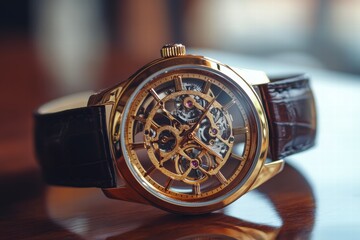 Poster - Luxury wristwatch with a golden frame and intricate design displaying craftsmanship and elegance on a wooden surface. Generative AI