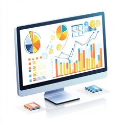 Poster - Modern desktop computer displaying vibrant data analytics and graphs on a bright background.