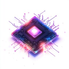 Poster - A vibrant, futuristic microchip with glowing circuits, emanating colorful lights in a digital realm.