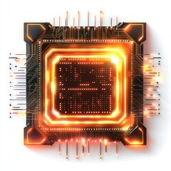 Aufkleber - An intricate computer chip glowing with vibrant orange light against a dark background, symbolizing advanced technology.