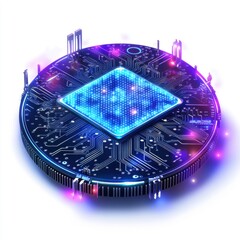 Poster - Futuristic digital circuit board with a glowing microchip, showcasing advanced technology and innovation.