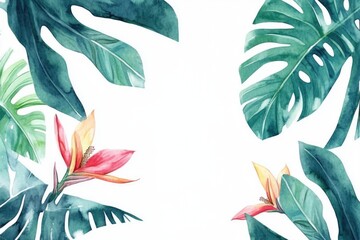 Sticker - Watercolor illustration of colorful tropical leaves and flowers