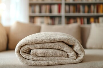 Poster - cozy blanket folded neatly on sofa with blurred bookshelf in background under soft natural light
