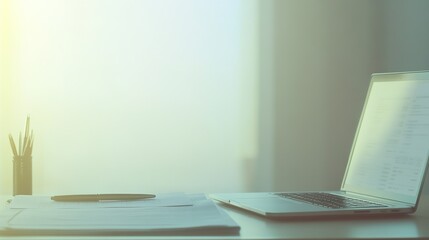 Poster - minimalistic shot of laptop financial report and pen on desk