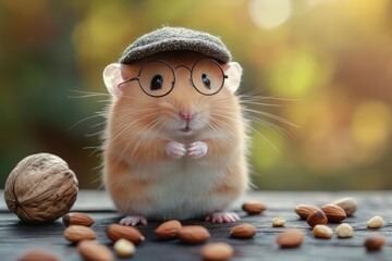Poster - Cute hamster wearing round glasses and a tiny cap sits among nuts on a wooden table in warm sunlight. Generative AI