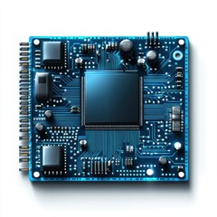 Poster - Close-up of a modern electronic circuit board featuring intricate designs and components in a vibrant blue color.