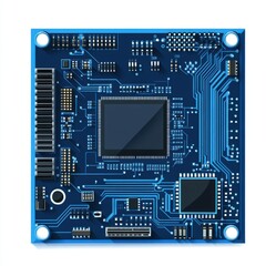 Poster - Close-up of a blue circuit board showing intricate electronic components and connections.