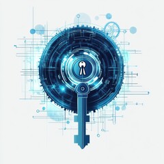 Poster - A futuristic blue key and lock symbolizing digital security and protection of data.