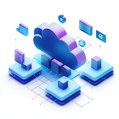 Poster - Digital cloud computing concept with buildings and data representation in vibrant purple and blue hues.