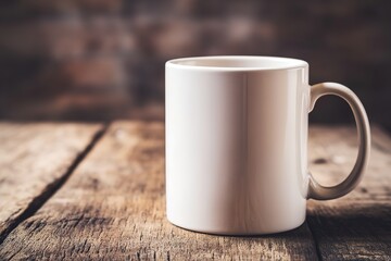 blank coffee mug mockup placed on rustic wooden table with soft natural light