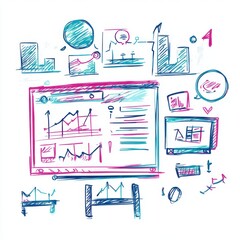 Poster - Colorful sketches of digital data analysis tools, showcasing graphs and charts in blue and pink tones.