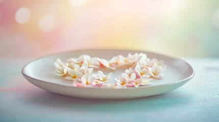 Poster - clean flat lay of scattered petals forming shape of heart on smooth ceramic plate with softly blurred pastel background