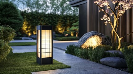 Wall Mural - A serene outdoor scene featuring a lantern, stone, and greenery in a tranquil garden setting.