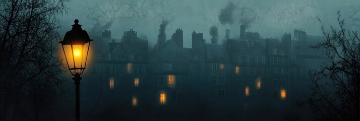 Aufkleber - Mysterious dark cityscape illuminated by few windows during a foggy night atmosphere. Generative AI