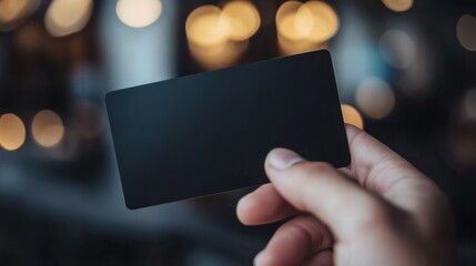 Poster - Sleek black gift card held in a hand against a blurry background with soft glowing lights. Generative AI
