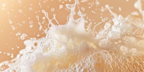 Canvas Print - Splash of foam is seen on a tan background. The foam is white and has a lot of bubbles