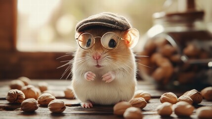 Aufkleber - Cute hamster with round glasses and tiny cap surrounded by nuts in a cozy setting. Generative AI