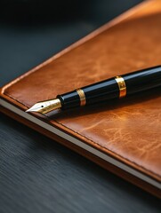 Aufkleber - Luxury fountain pen with gold accents resting on a textured leather notebook in an elegant workspace at midday. Generative AI
