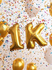 Poster - Celebrate milestone of 1000 subscribers with golden foil balloons and colorful confetti in festive setting. Generative AI