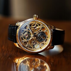Aufkleber - Luxurious wristwatch with intricate golden frame and detailed craftsmanship displayed on wooden surface. Generative AI