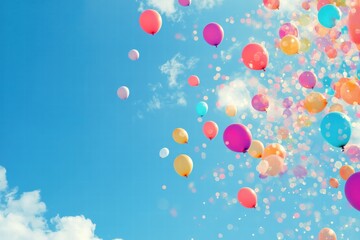 Poster - Colorful balloons floating joyfully in a clear blue sky during a sunny day in a festive outdoor setting. Generative AI