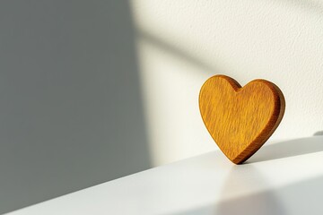 Poster - single decorative wooden heart placed on smooth white ceramic surface under bright natural light