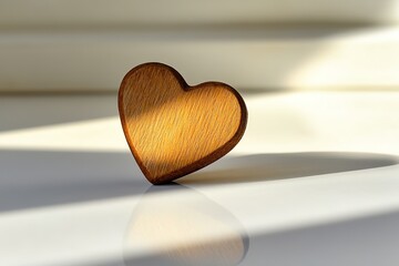 Poster - single decorative wooden heart placed on smooth white ceramic surface under bright natural light
