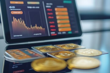 Poster - clean flat lay of trading cards and dynamic cryptocurrency app interface displayed on reflective surface
