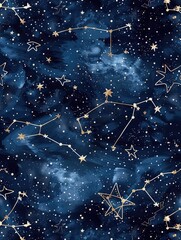 Wall Mural - Night sky filled with constellations and stars, on a dark blue background.