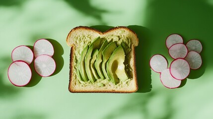 Poster - neat avocado toast with sliced radishes placed on bold green background under soft natural light