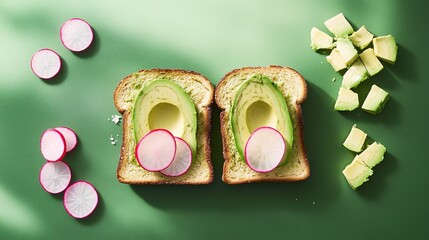 Poster - neat avocado toast with sliced radishes placed on bold green background under soft natural light