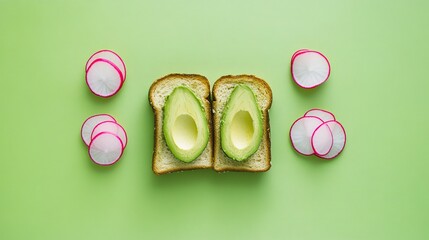 Poster - neat avocado toast with sliced radishes placed on bold green background under soft natural light